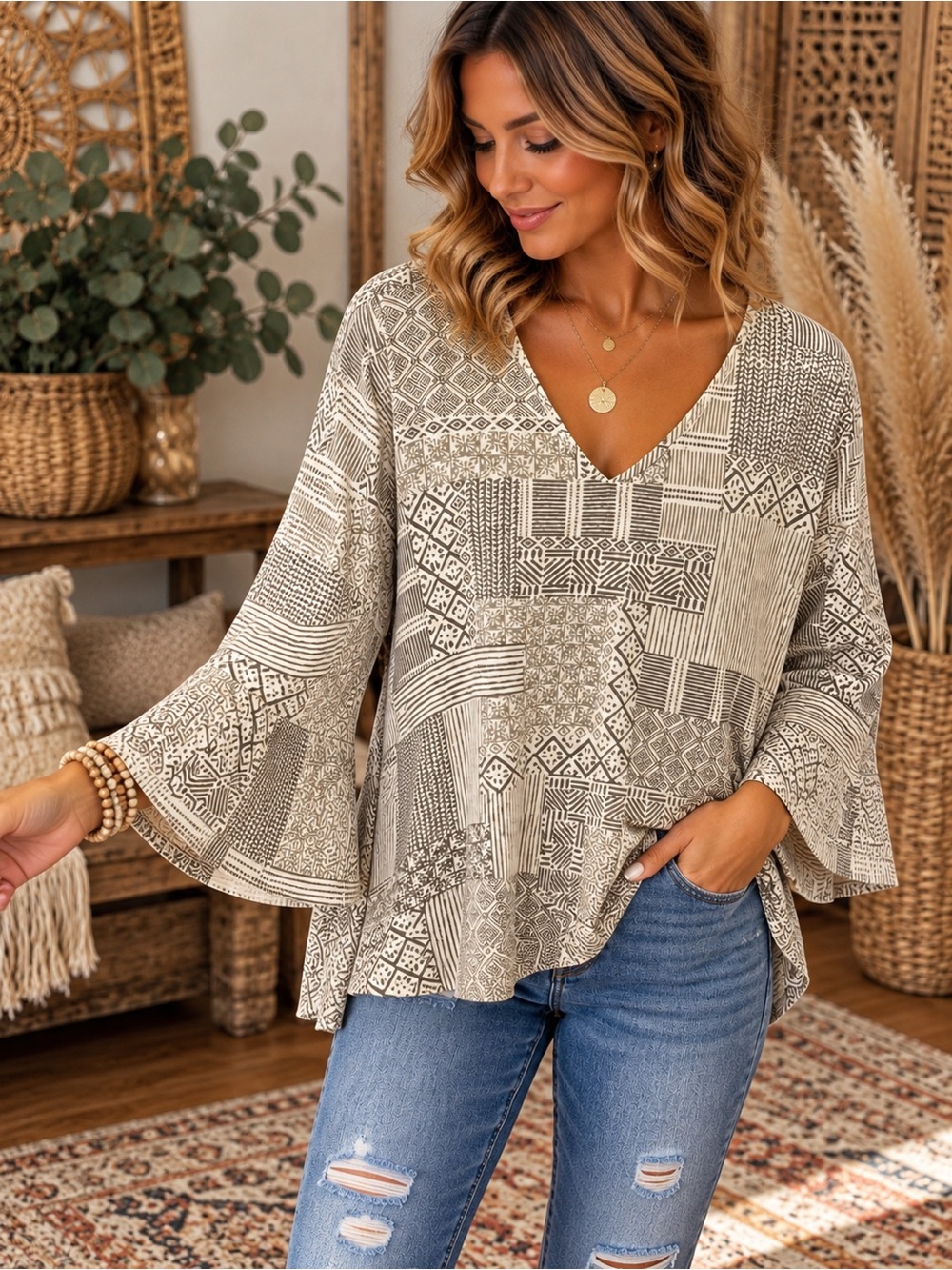 V-Neck Patchwork Print Bell Sleeve Top - Beige